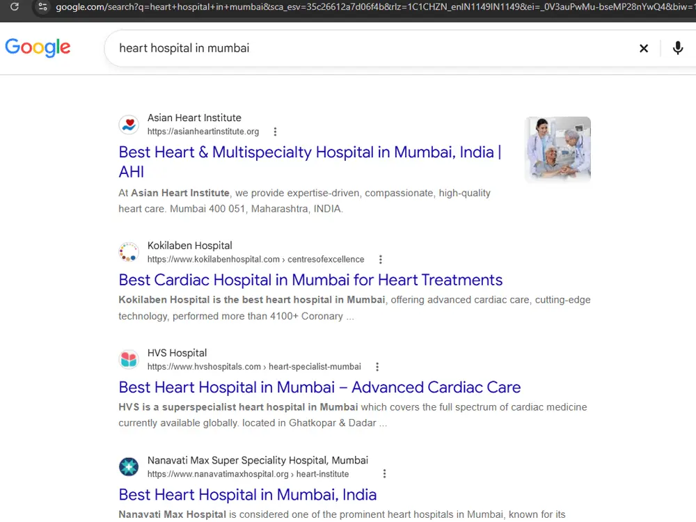 Google results for “heart hospital in mumbai”: HVS Hospital ranking third organically, between Kokilaben Hospital and Nanavati Max.