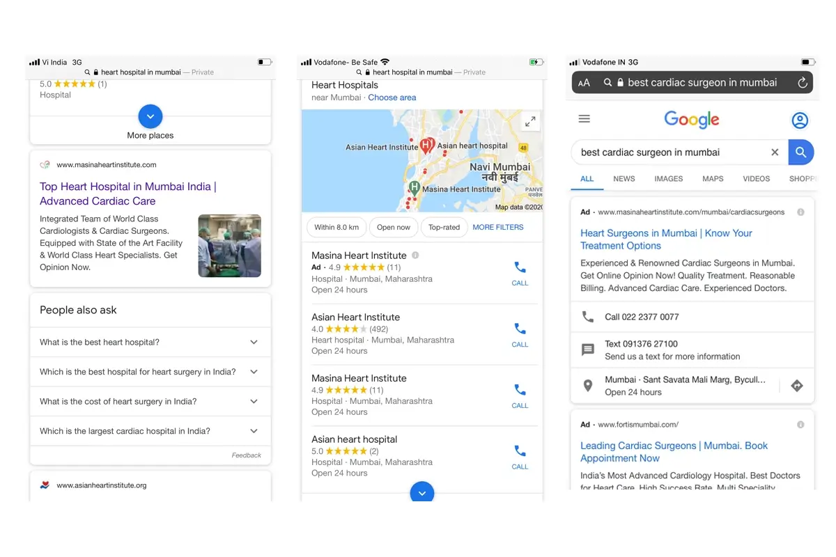 Three phone screenshots of Google: masinaheartinstitute.com ranking first in the organic results for “heart hospital in mumbai”, Masina Heart Institute in the local map pack, and ad for “best cardiac surgeon in mumbai”.