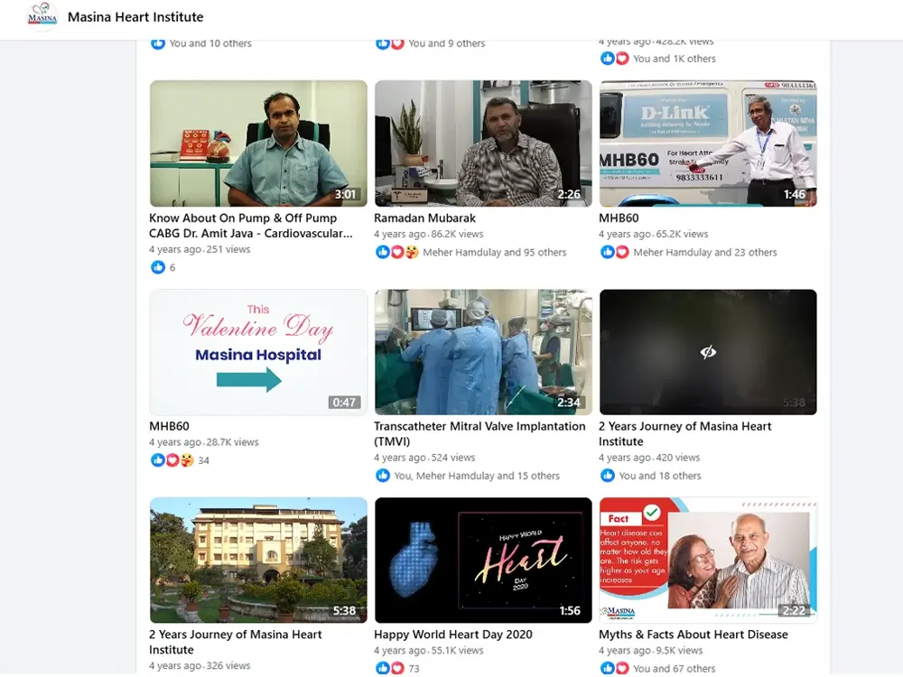 The Masina Heart Institute video library — procedure explainers, campaign films and hospital profiles, several past 50,000 views.
