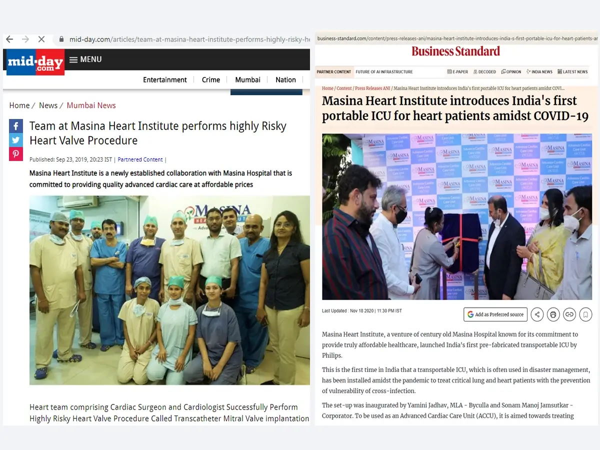 Digital PR coverage: a mid-day.com article on the Masina team performing a high-risk transcatheter mitral valve procedure, and a Business Standard report on the institute launching India’s first portable ICU for heart patients.