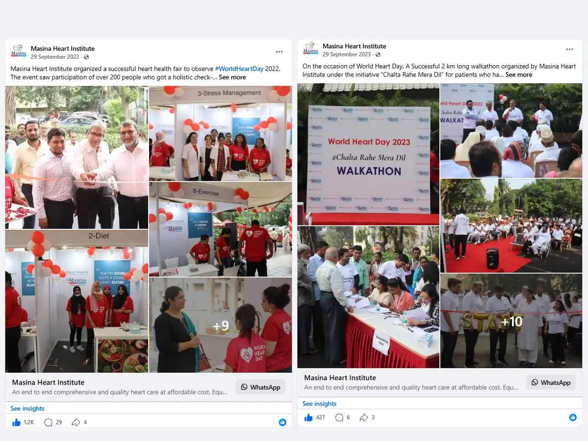 Two Masina Heart Institute World Heart Day campaigns on Facebook: the 2022 heart-health fair, which drew over 200 attendees and 1.2K reactions, and the 2023 “Chalta Rahe Mera Dil” walkathon.
